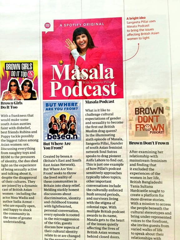 Masala Podcast featured in the Guardian newspaper, image of Sangeeta wearing a pink suit with the words Masala Podcast on top.