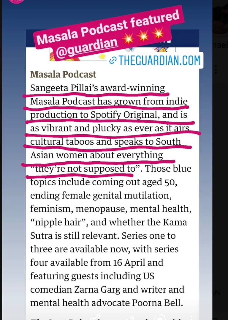 Sangeeta Pillai featured in The Guardian for her South Asian feminist podcast/